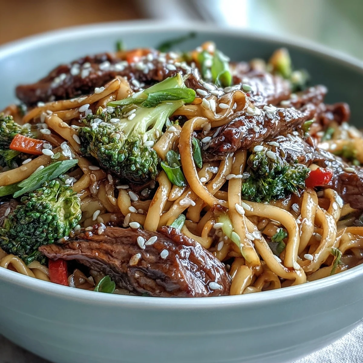 Steaming Korean Beef Noodles with tender flank steak and vibrant broccoli fill a white ceramic bowl, garnished with green onions and sesame seeds.  