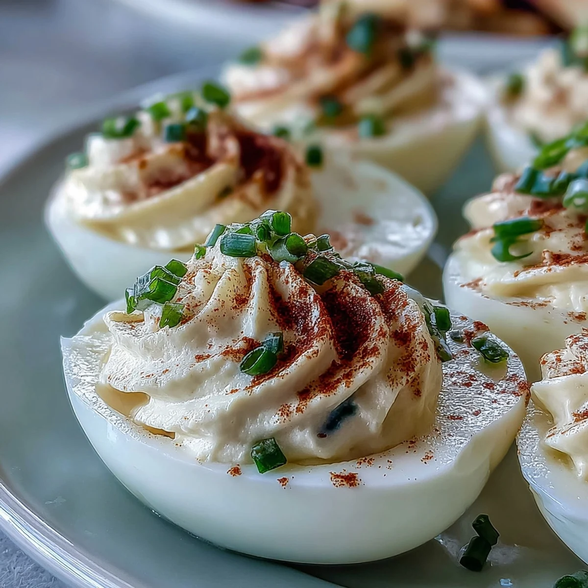Million Dollar Deviled Eggs are halved hard-boiled eggs filled with a creamy mixture of yolks, mayo, and cream cheese, garnished with paprika and fresh chives.