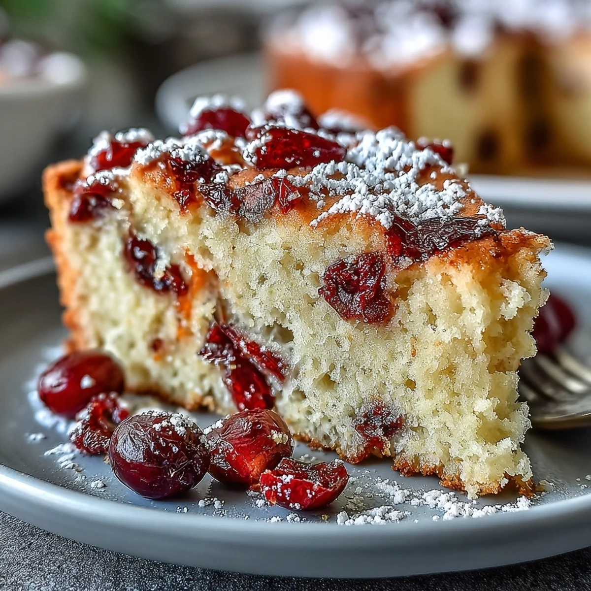 A freshly baked Cranberry Orange Breakfast Cake, dusted with powdered sugar, sitting on a rustic wooden cutting board next to a cup of coffee.