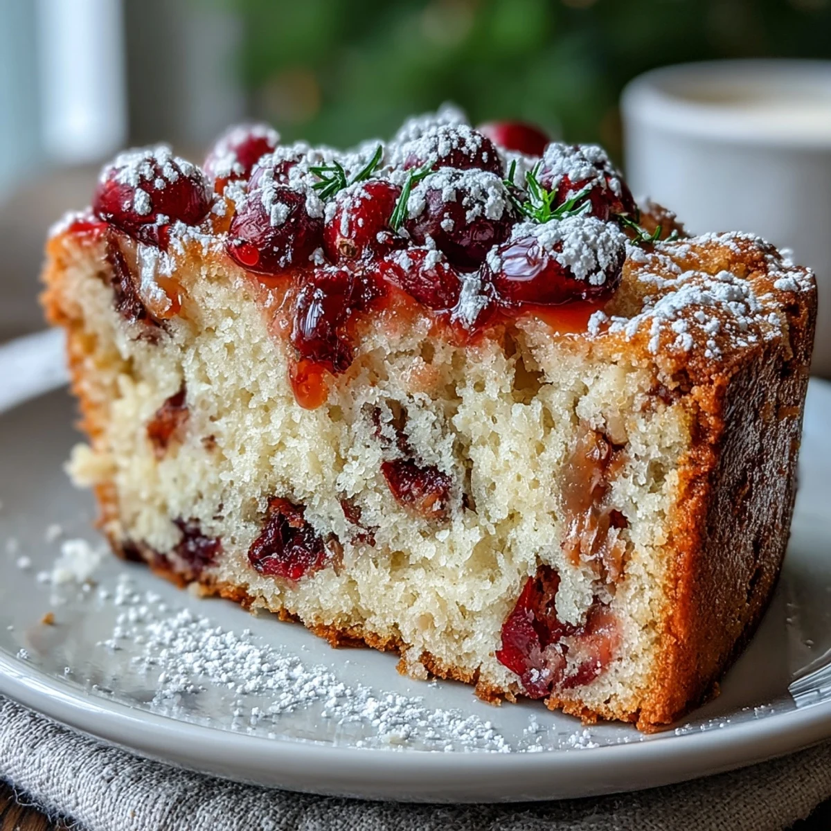 A slice of warm Cranberry Orange Breakfast Cake being lifted from the pan, revealing a tender interior with tart fruit and citrus glaze.