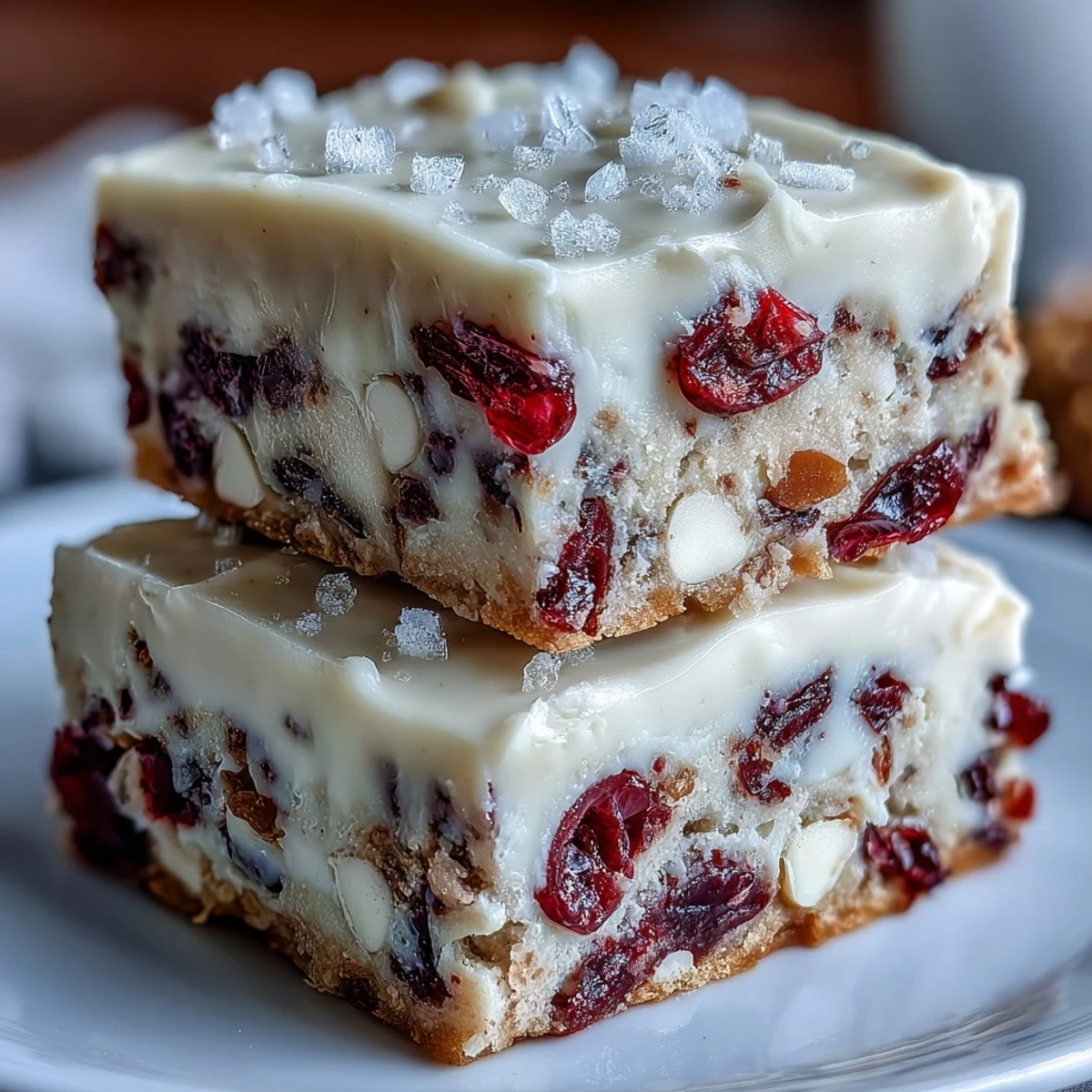 Homemade Cranberry Bliss Bars cut into squares, showing creamy orange frosting on a cooling rack.