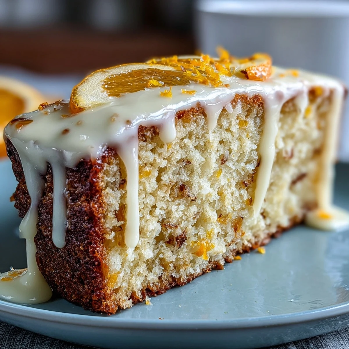 Glossy blood orange icing being poured over a golden Heavenly Blood Orange Yogurt Cake for a blissful dessert.