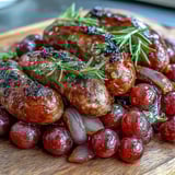 Roasted Sausage and Grapes are served with crispy polenta and fresh rosemary for a hearty family meal.