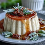 Silky honey lavender panna cotta with floral notes, served in elegant glasses and topped with edible blossoms.