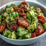 A vibrant bowl of cucumber tomato avocado salad with lemon dressing, bursting with fresh colors and creamy avocado chunks.