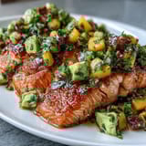 Oven-baked salmon fillet served with zesty mango and avocado salsa, perfect for weeknight meals.  