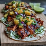 Zesty grilled salmon tacos topped with fresh mango salsa, perfect for a light summer dinner.  