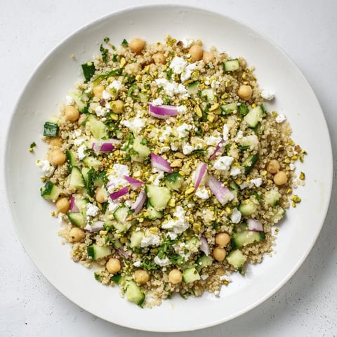 A colorful Jennifer Aniston Salad, full of crunchy vegetables and creamy feta cheese, ready to enjoy.