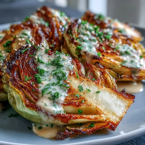 Golden roasted cabbage wedges with crispy edges, drizzled with creamy tahini sauce and garnished with fresh parsley.  