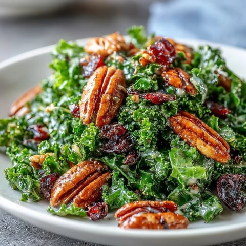 Freshly massaged kale leaves glisten with warm maple-mustard dressing, topped with crunchy toasted pecans, cranberries, and sliced red onion.