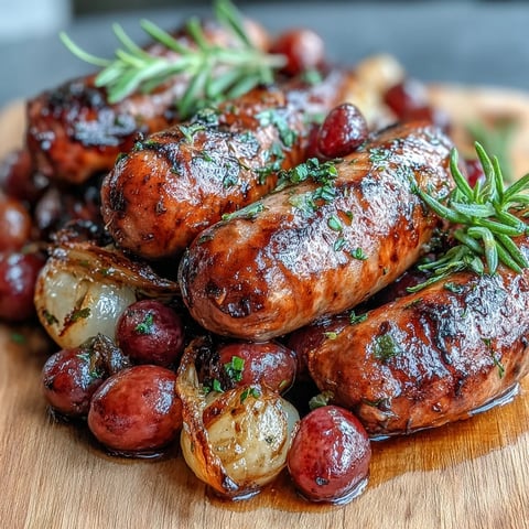 Golden roasted Italian sausages mingle with caramelized red grapes and rosemary in a rustic baking dish.