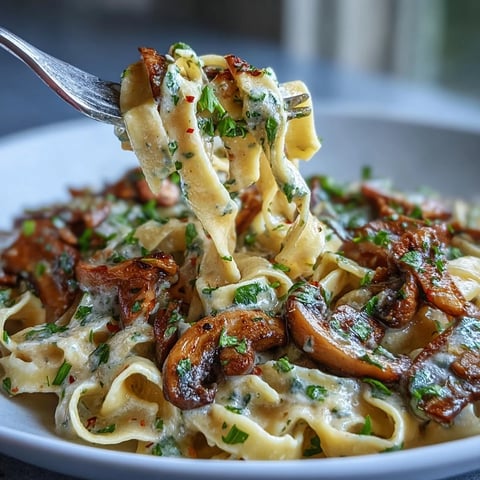 Creamy Mushroom Stroganoff tossed with fettuccine noodles, featuring sautéed mushrooms coated in a rich, tangy sour cream sauce.