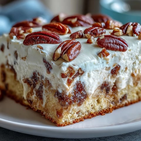 Freshly baked Butter Pecan Tres Leches Cake with a golden brown topping and a dollop of whipped cream on a rustic wooden table.