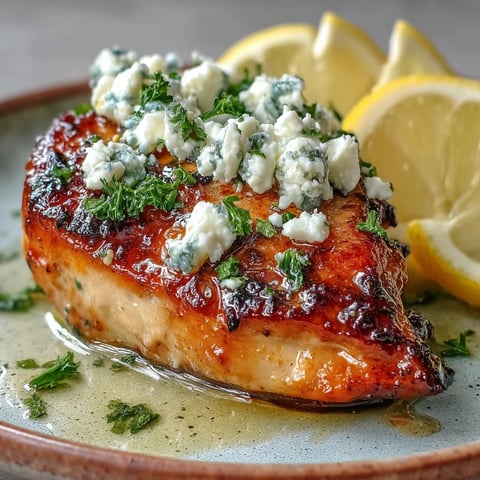 Tender Greek Chicken with Lemon and Feta garnished with fresh parsley and lemon wedges on a rustic plate.