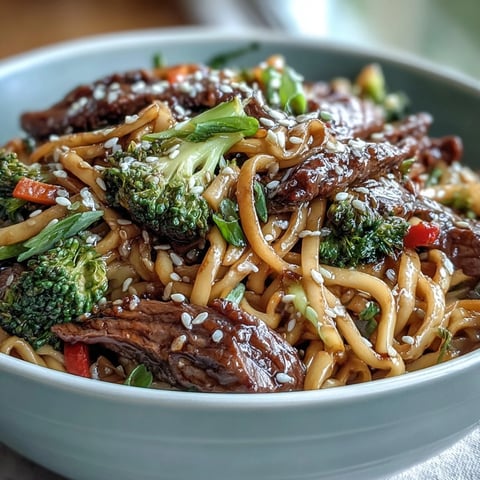 Steaming Korean Beef Noodles with tender flank steak and vibrant broccoli fill a white ceramic bowl, garnished with green onions and sesame seeds.  