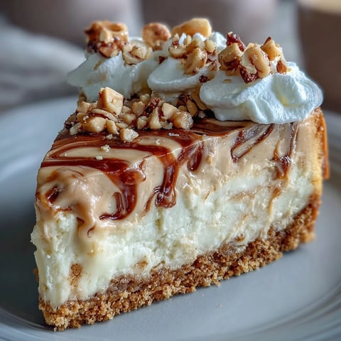 A luscious Nutter Butter cheesecake slice on a white plate, crowned with fluffy whipped cream and crunchy chopped peanuts.  