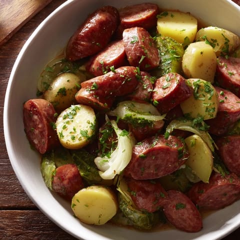 A photo of the savory All-in-One Pan Sausage and Cabbage Bake fresh from the oven, ready to serve.