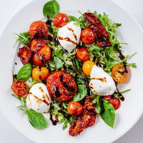 Imagine a close-up of the beautiful Tomato Flight Salad with varied tomatoes, basil, and cheese, ready to serve.