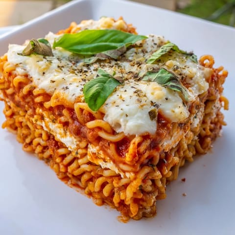 A homemade, layered Ramen Lasagna: noodles, cheese, and tomato sauce, baked to perfection.