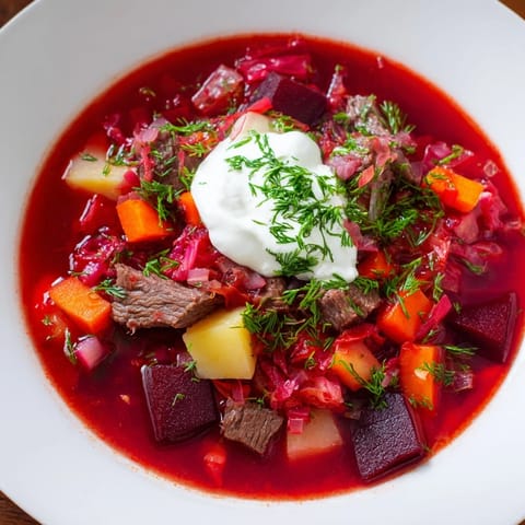 Vivid image: A delicious spoonful of Ukrainian Borscht soup, showcasing rich colors and fresh dill garnish.