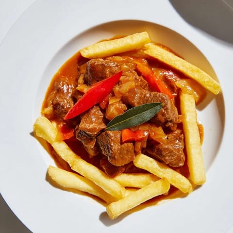 A flavorful bowl of Czech Goulash Potato, showcasing the hearty beef with paprika aroma.