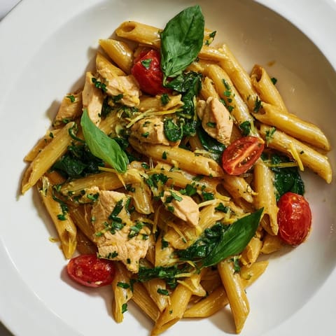 Tender penne and cherry tomatoes are tossed with fresh parsley and spinach in this One-Pan Lemon Herb Pasta Chicken.