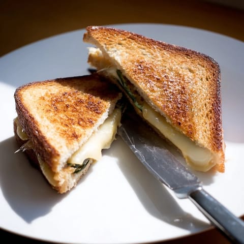 Two halves of a Jalapeño Havarti Grilled Cheese sit beside a bowl of tomato soup.
