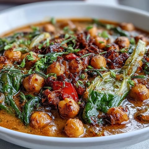 Hearty bowl of Spicy Chickpea Stew with chickpeas and spinach in a rustic kitchen setting.