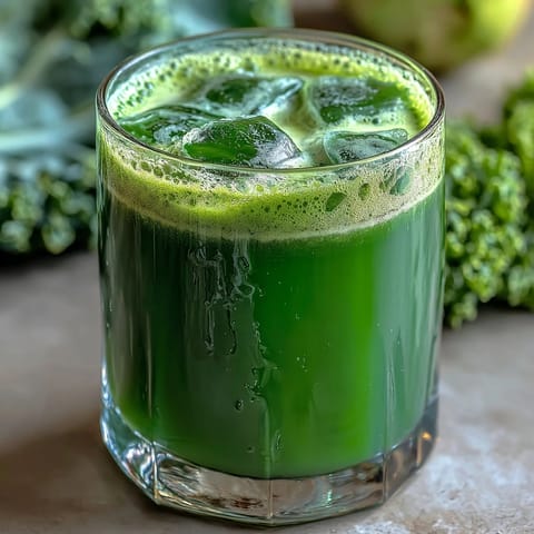 A glass of vibrant green cabbage and kale detox juice garnished with fresh lemon slices and a ginger knob.  