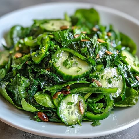 Bright green Glowing Green Salad with crisp cucumber slices and fresh parsley, tossed in a light lemon vinaigrette on a wooden table.  