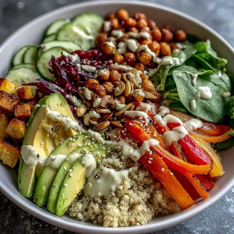 A vibrant Rainbow Buddha Bowl with Quinoa topped with roasted chickpeas, sliced avocado, and crunchy pumpkin seeds.
