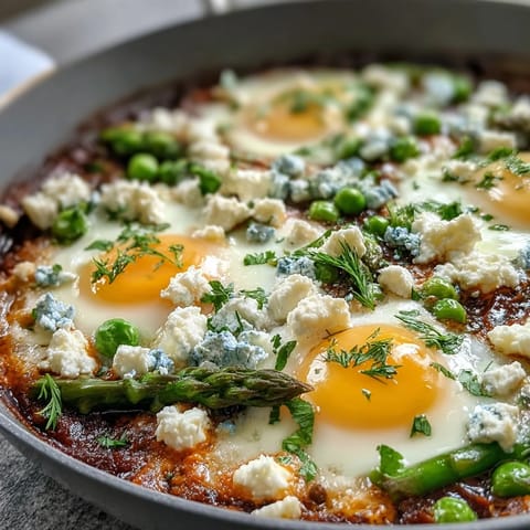 Hearty spring shakshuka simmering in a skillet, featuring tender asparagus, peas, and broad beans with eggs nestled in the vibrant sauce.