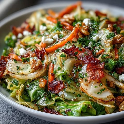 A warm, vibrant bowl of Cooked and Loved Cabbage Salad, tossed with sautéed cabbage, crisp carrots, and a tangy herb dressing.