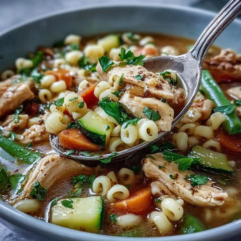 A ladle serves up hearty Pasta Soup With Chicken and Vegetables alongside crusty bread for dipping.