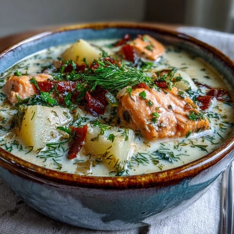 A hearty bowl of Finnish Salmon Soup garnished with fresh dill, served alongside rye bread.