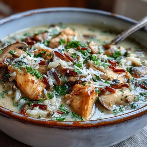 Hearty bowls of Parmesan Mushroom Chicken and Wild Rice Soup served with crusty bread on a wooden table.