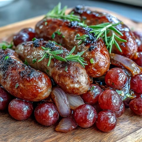 Roasted Sausage and Grapes are served with crispy polenta and fresh rosemary for a hearty family meal.
