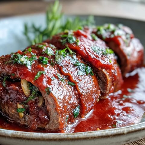 Tender beef steak rolls stuffed with pecorino, pine nuts, and raisins, sliced to reveal the savory filling.