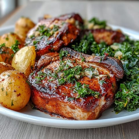 Juicy Aleppo Pork Chops roasted with golden potatoes and sautéed greens on a sheet pan.