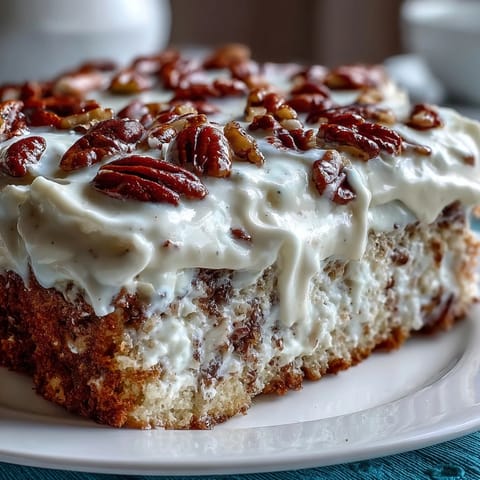 A slice of moist Butter Pecan Tres Leches Cake reveals a creamy interior, topped with crunchy butter-toasted pecans and sweet whipped cream.