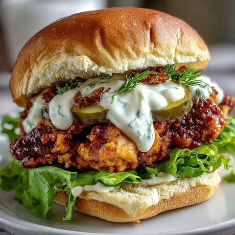 A close-up of the crispy spicy chicken sandwich, showcasing its crunchy coating and juicy interior, nestled in a soft brioche bun with fresh toppings.  