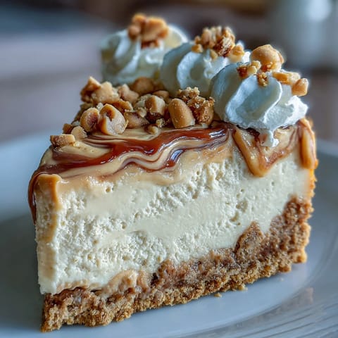Creamy peanut butter cheesecake with Nutter Butter crust, garnished with extra cookies and a dusting of powdered sugar.  