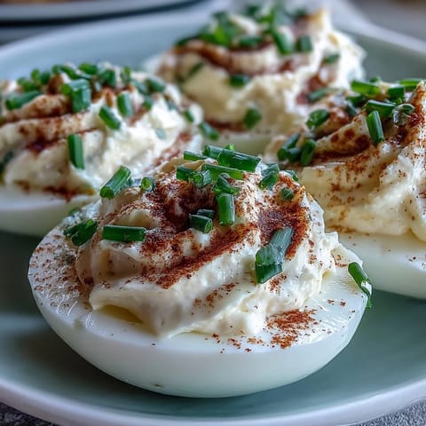 Golden yolks whipped with cream cheese and Dijon mustard make the filling for these Million Dollar Deviled Eggs, arranged on a chilled platter with chive garnish.