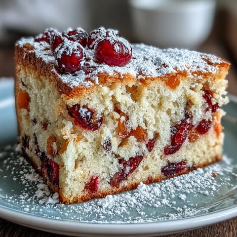 Overhead view of a moist Cranberry Orange Breakfast Cake, showcasing vibrant red cranberry pieces and bright orange zest speckles in the golden crumb.