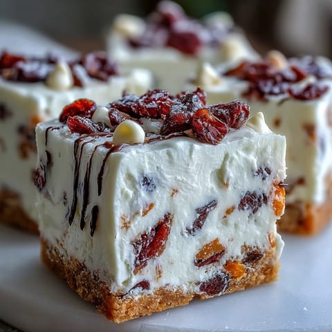 A close-up of frosted Cranberry Bliss Bars garnished with extra cranberries and zesty orange.