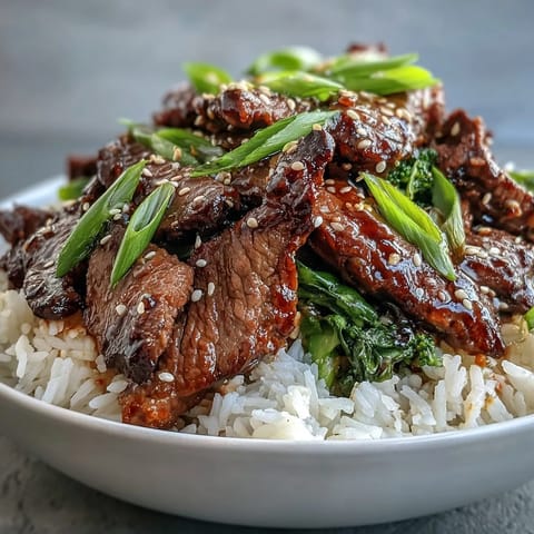 Savory homemade Teriyaki Beef Bowl topped with sesame seeds and fresh scallions, served hot for an easy weeknight dinner.