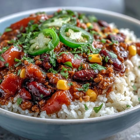A close-up view of a spicy chili bowl base with avocado, green onions, and lime wedges.