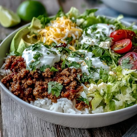 A close-up of a Turkey Taco Bowl featuring seasoned turkey, shredded lettuce, cheddar cheese, and a dollop of sour cream, ready to eat.