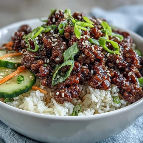 Savory Korean Ground Beef Bowl steaming over fluffy rice, topped with bright pickled carrots and cucumbers.