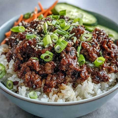 A close-up of Korean Ground Beef Bowl with toasted sesame seeds and fresh green onions.